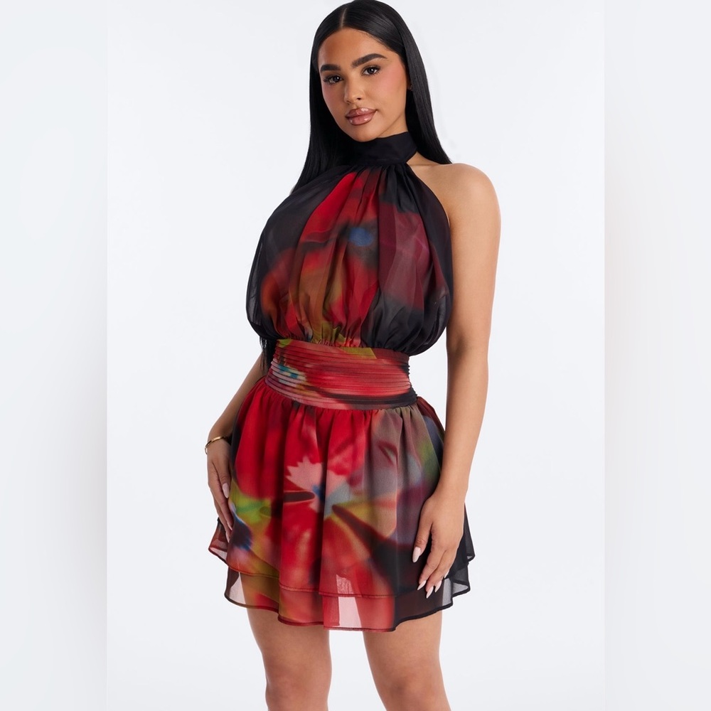 Fashion Nova Red Multi Halter Waistband Mini Dress